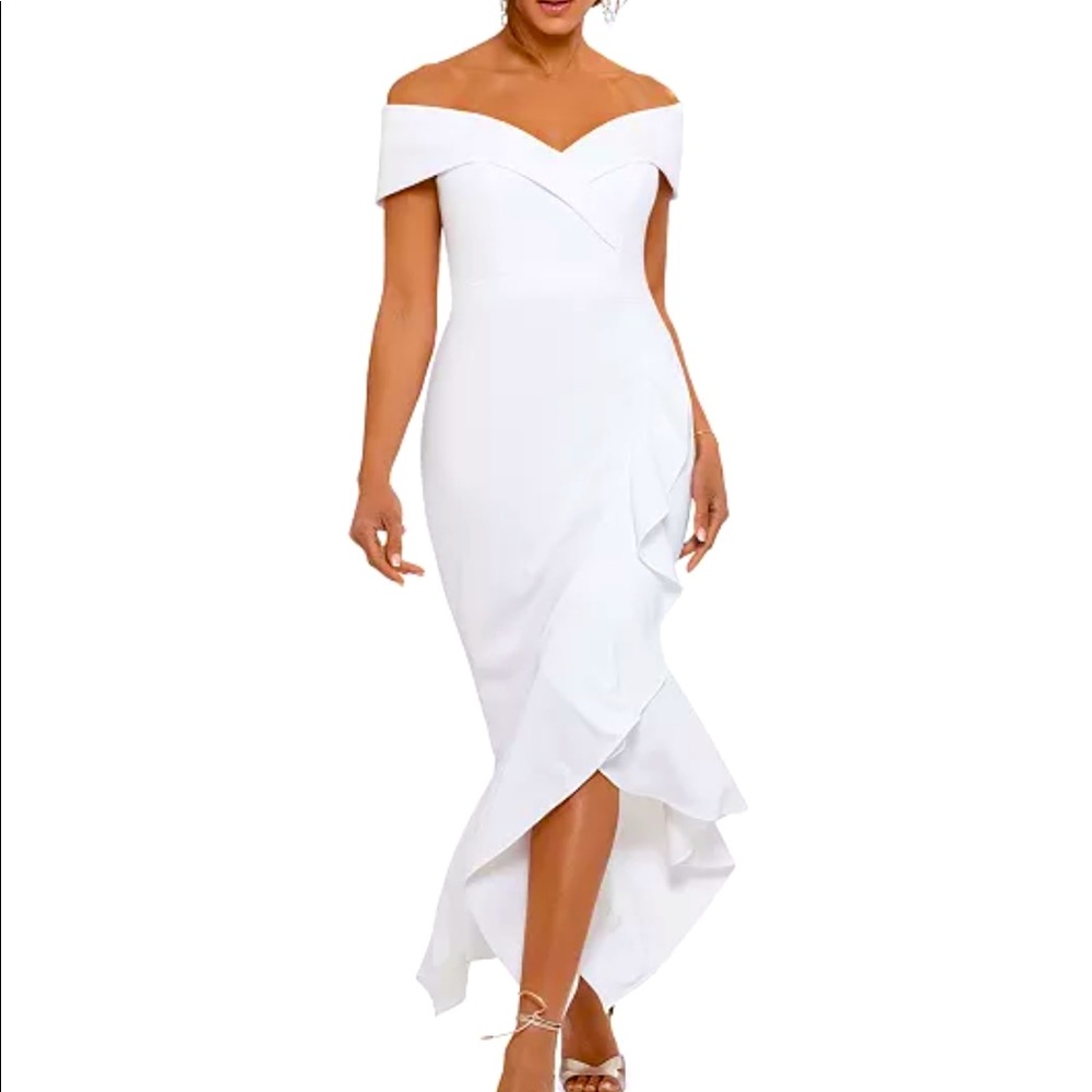 Xscape Off-The-Shoulder High-Low Gown, White